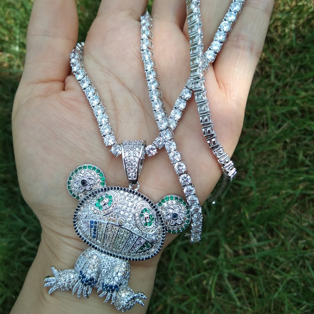 Bling латунный красочный циркон кулон «лягушка» с 4 мм CZ теннисная цепь ожерелье хип-хоп ожерелье ювелирный подарок CN080A
