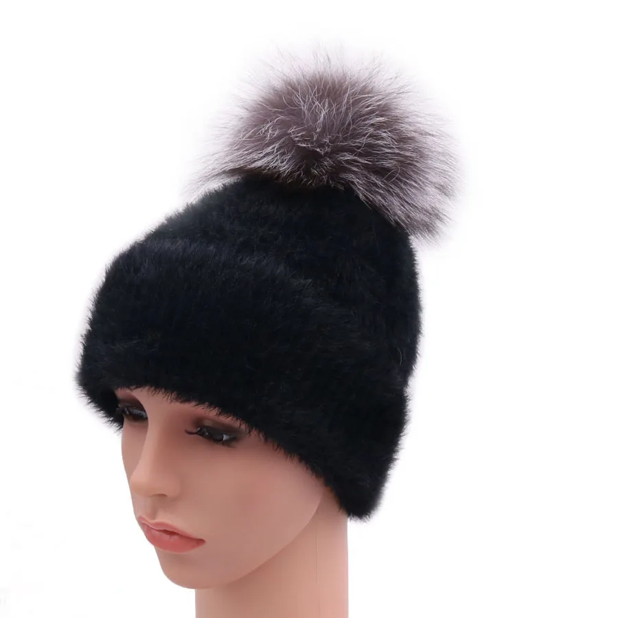 Black - Fox Fur Зимние винтажные женские вязаные шапки из искусственного меха норки, дамские шапочки, шапки с натуральным мехом серебристой лисы, женская теплая шапка, новое поступление - Цвет: Black - Fox Fur