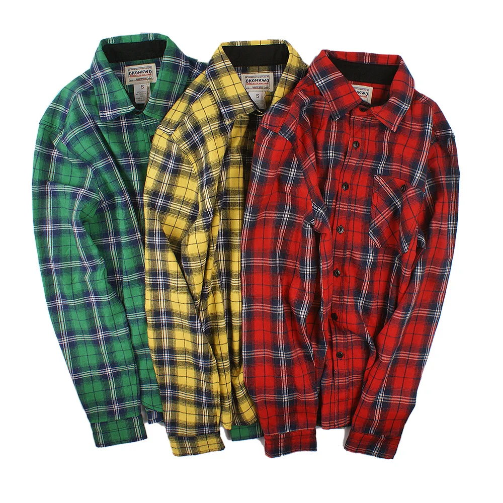 Мужская хлопковая рубашка в клетку с длинным рукавом Chemise Homme красные зеленые