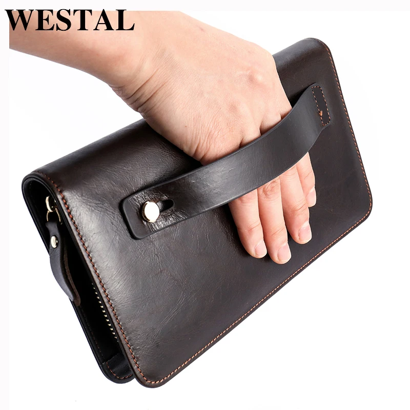 Мужской клатч WESTAL из натуральной кожи, мужской кошелек, сумка для монет, длинный клатч для мужчин, держатель для кредитных карт, кошелек для телефона 9069