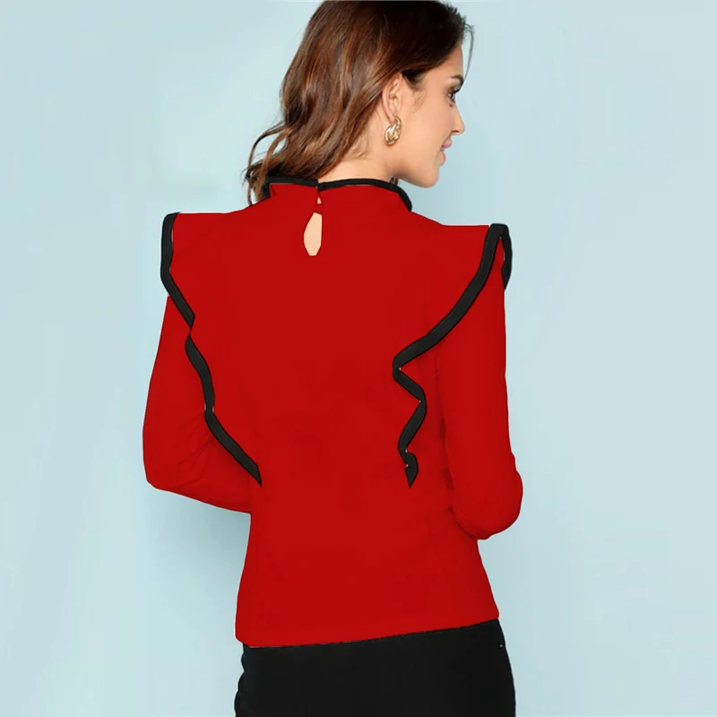 Dotfashion облегающая футболка с оборками, облегающая футболка с длинным рукавом, женская элегантная Осенняя футболка с воротником-стойкой, топы в Корейском стиле, новая футболка