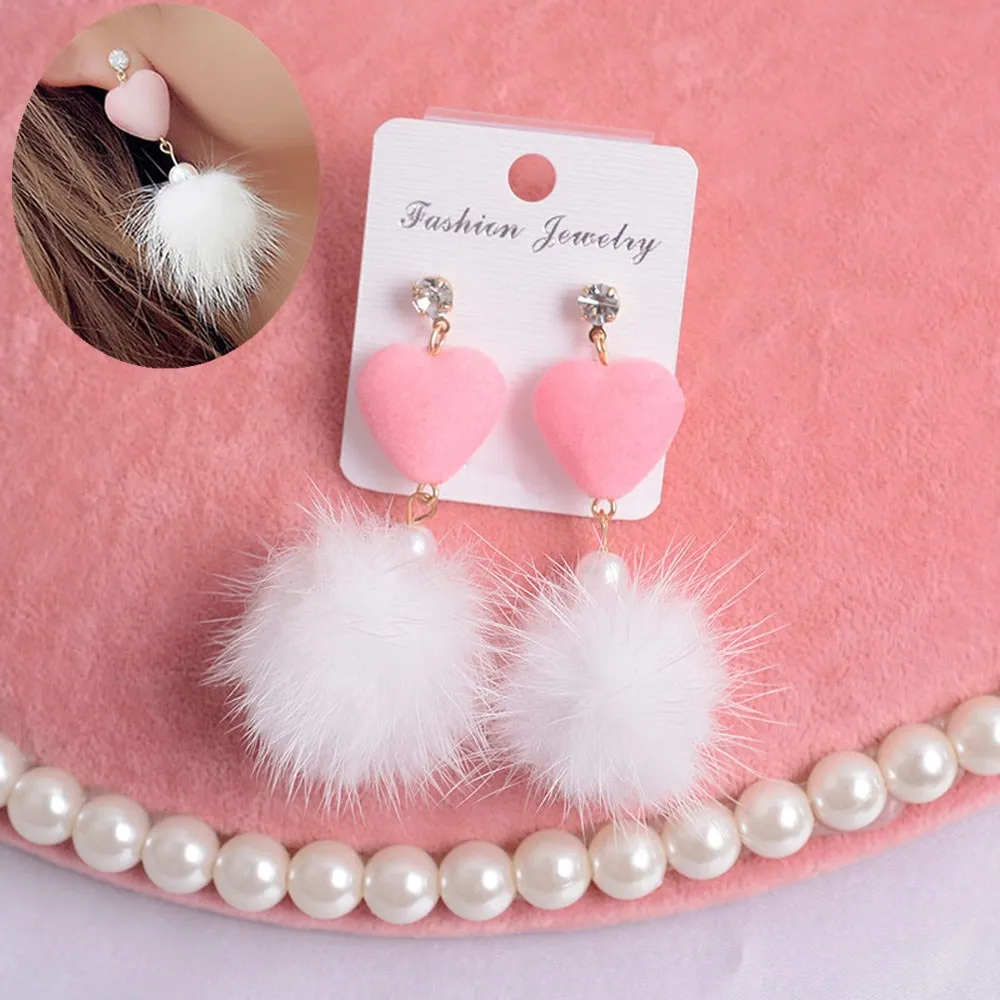 Плюшевые серьги в форме сердца милые разноцветные Серьги капельки с помпоном