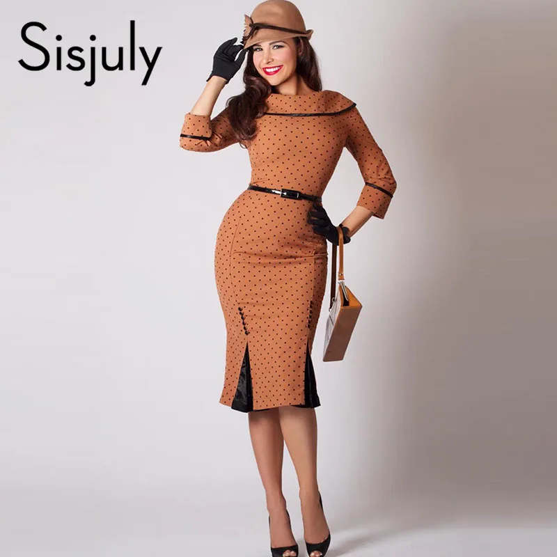 Sisjuly Женщины Bodycon Горошек Платье Сексуальная Элегантная Партия Платье Оболочка Лоскутное Кнопка Женский Осень Ретро Карандаш Старинные Платья
