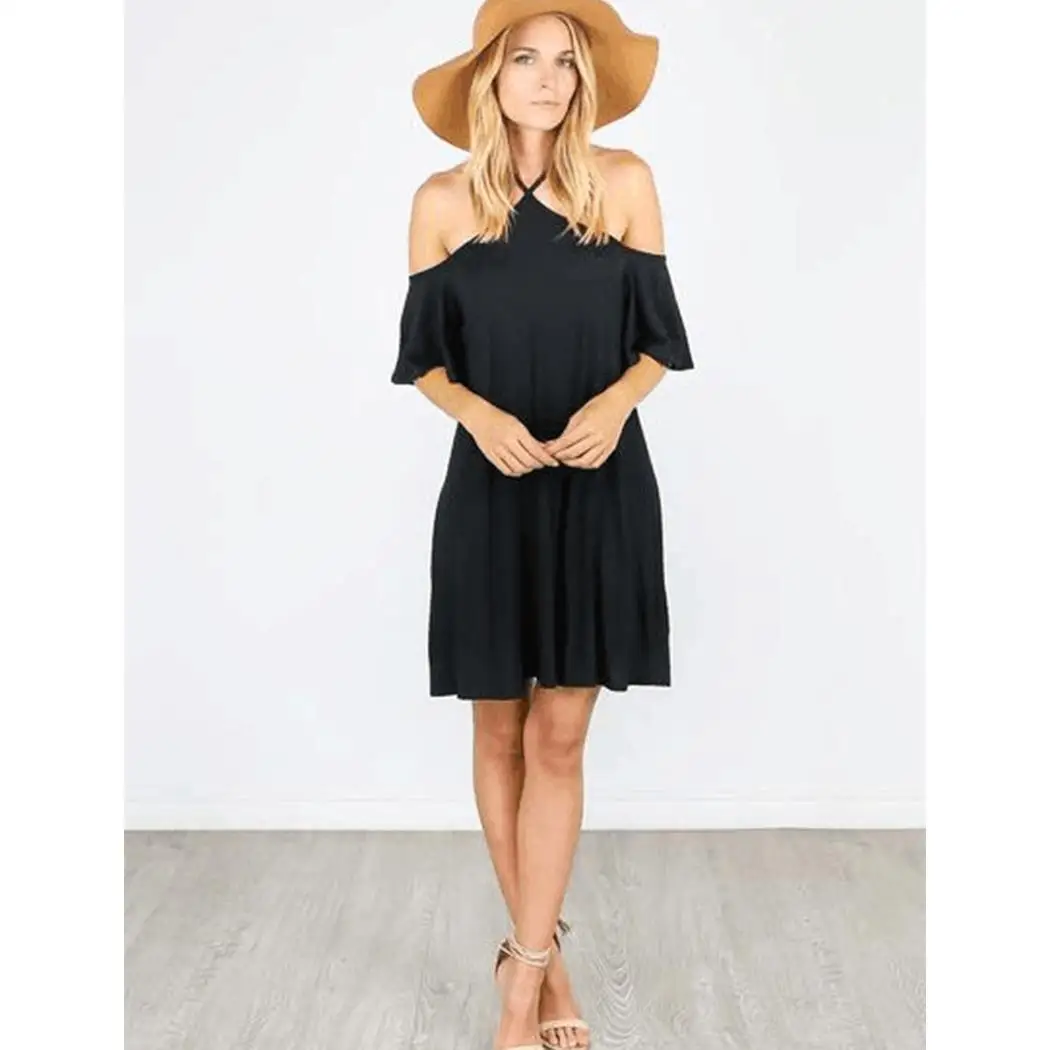 Женское повседневное однотонное подвесное мини-платье с открытой спиной и