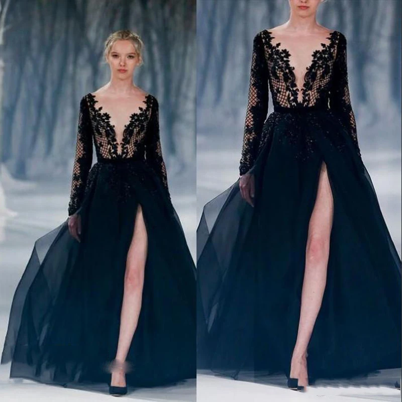 Sexy Глубокий V Шеи Кружева Вечерние Платья Черного Высокая Несмотря На Долго