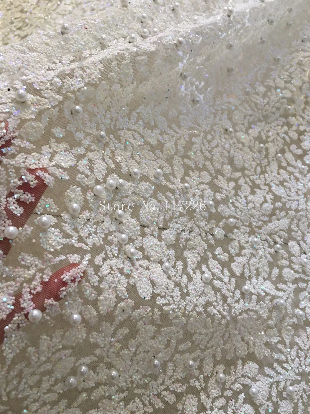 Лидер продаж белая кружевная ткань с блестками приклеенная блестящая для