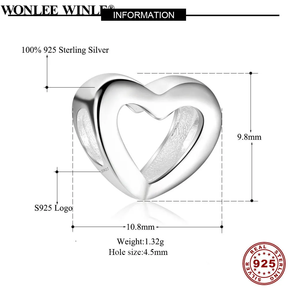 Wonlee Winle 100% стерлингового серебра 925 ажурные бусины сердца подходят оригинальный