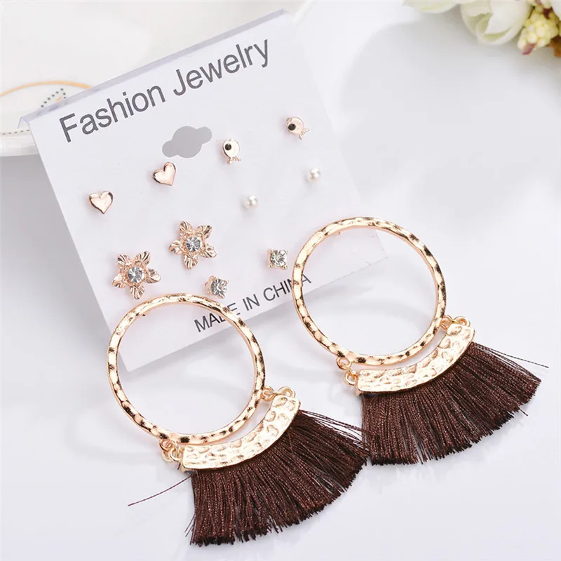 New Bohemian Tassel Earrings Set For Women Jewelry Triangles Round Rhinestone Stud Ear Boucle D'oreille | Украшения и