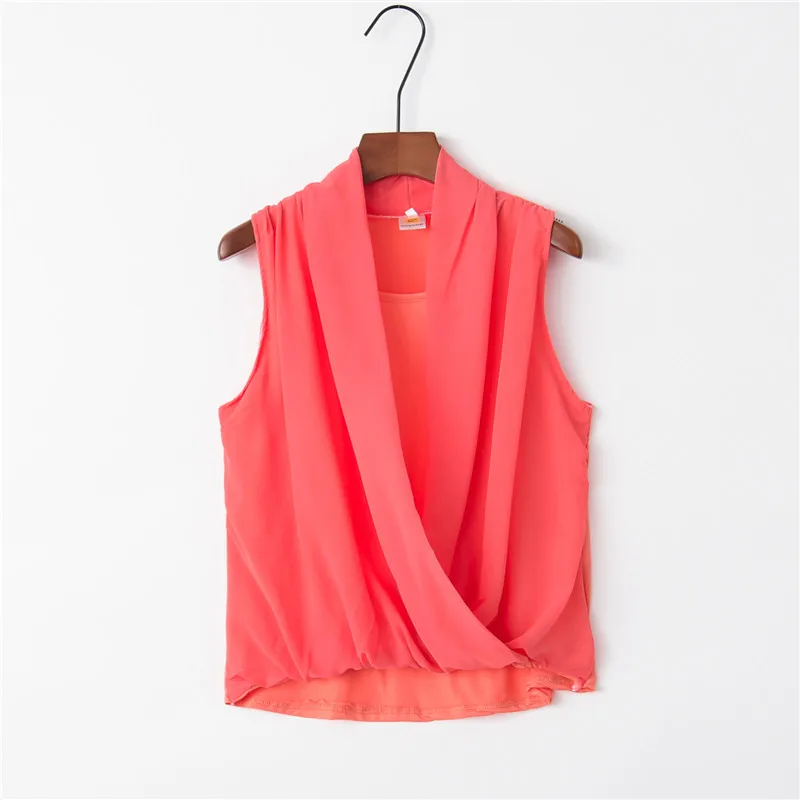 

CHSDCSI Summer Shirts Chiffon Blouse Halter Sleeveless Female Top White Solid V-neck