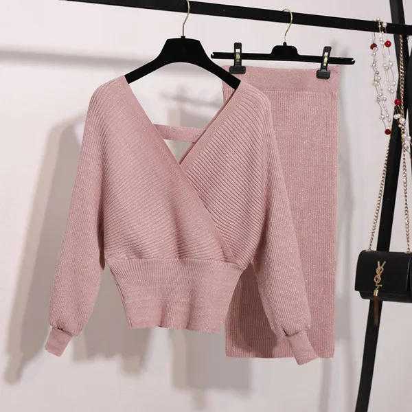 Pink Новинка, весенний вязаный комплект из 2 предметов, женский сексуальный мягкий пуловер с v-образным вырезом, свитер и облегающая юбка, женский свитер без спинки, костюмы, набор - Цвет: Pink