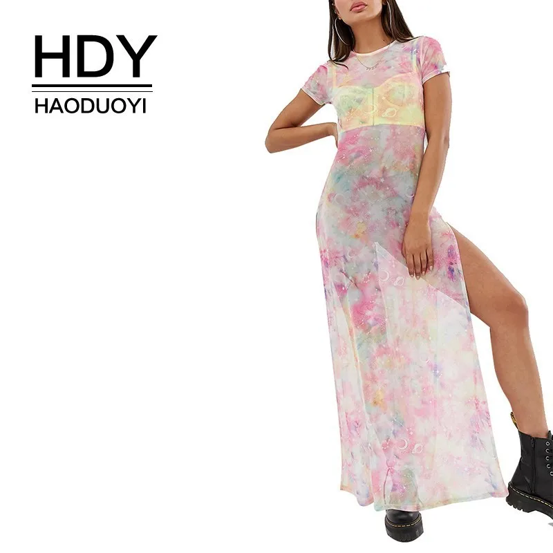 Длинное Сетчатое платье HDY Haoduoyi длинное облегающее с розовым галстуком-краской и