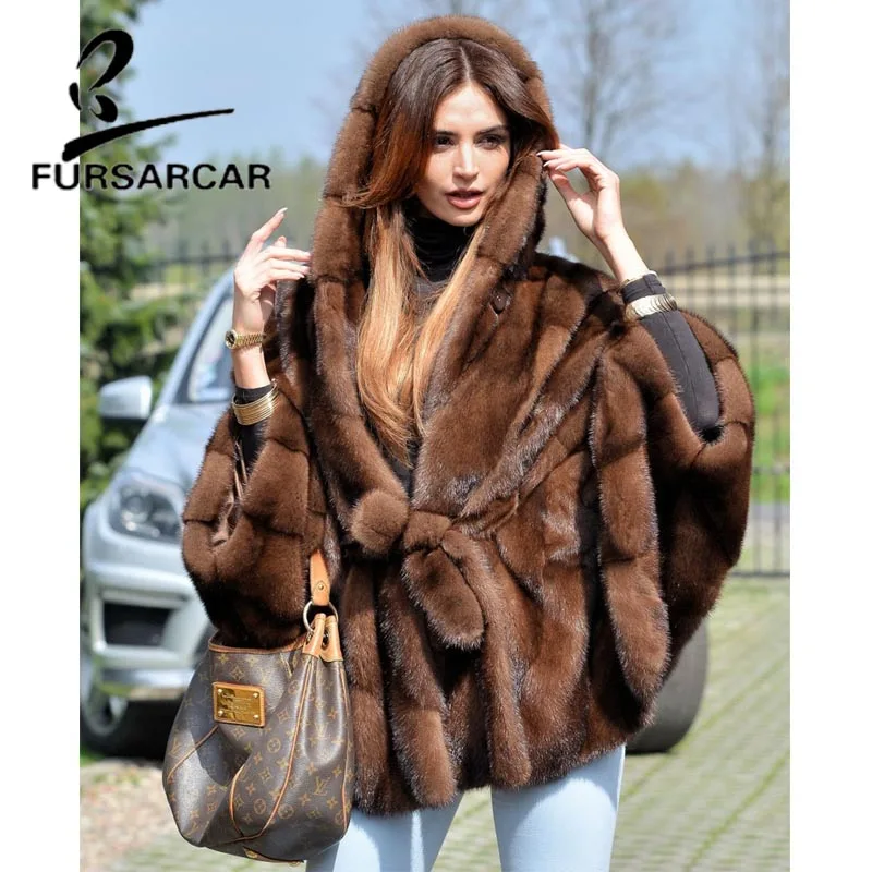 

FURSARCAR Women Real Fur Coat New Fashion Bat Sleeved Thick Warm Mink Fur Coat With Hood Winter Luxury Female Nature Fur Jacket