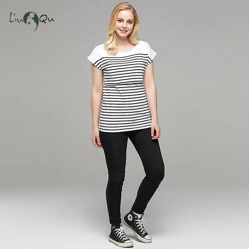Womens Clothing Breastfeeding Clothes Maternity Blouses Top Short Sleeve Striped Pregnant Nursing Casual Pregnancy T-Shirt