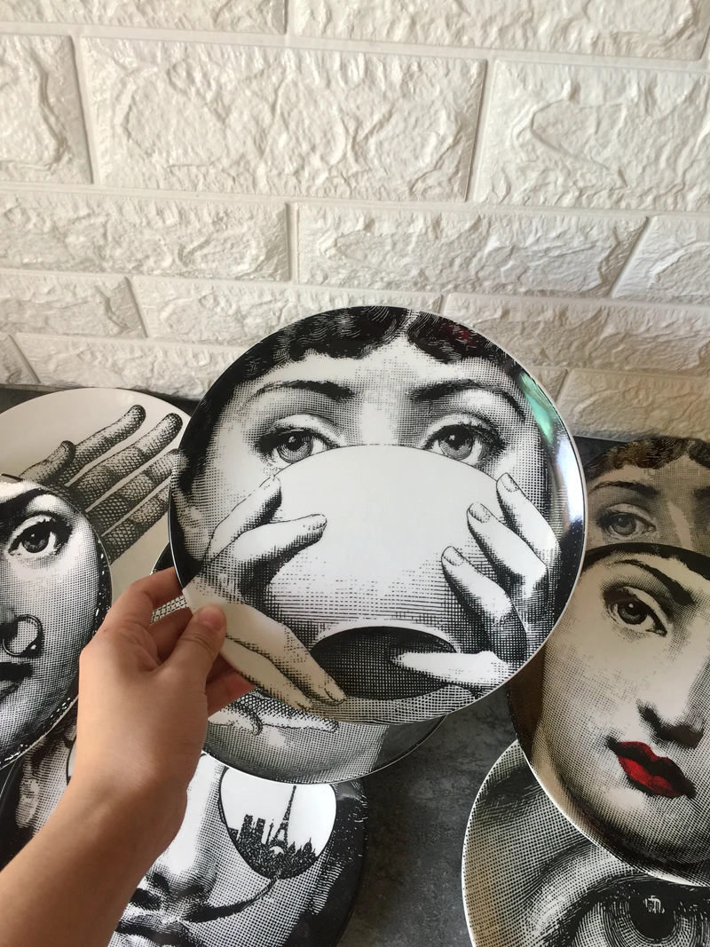 8 дюймов Милан rosenthal Piero fornasetti тарелки чистого черного цвета и белой иллюстрации Топ Мода висят блюда по производству образцов/дома/отеля настенный Декор