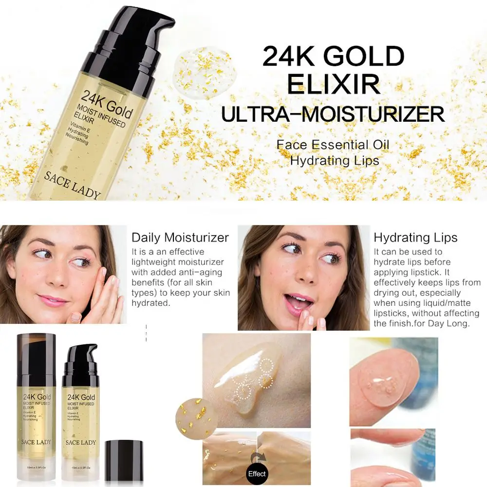 SACE LADY 15 мл 24k Gold Elixir ультра увлажняющее эфирное масло для лица основа макияжа