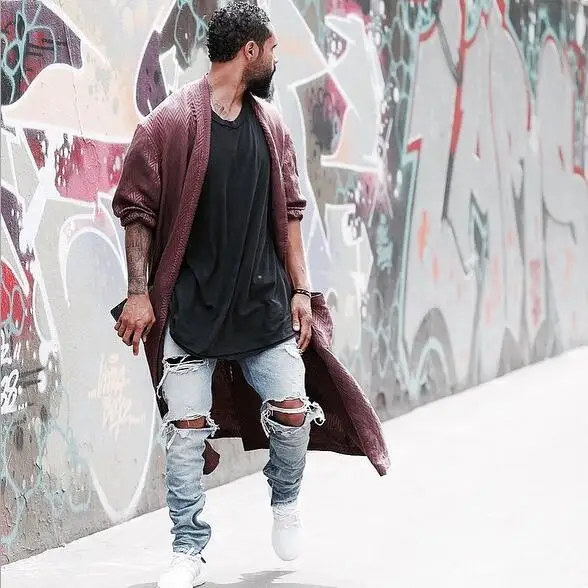 Мужские зауженные рваные джинсы Kanye West черные мотоциклетные камуфляжные модные