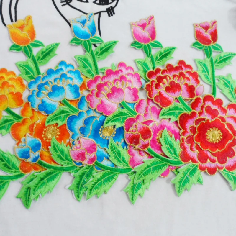 Парчи с пионами зеленые листья цветок вышитые заплатки для джинсов одежда