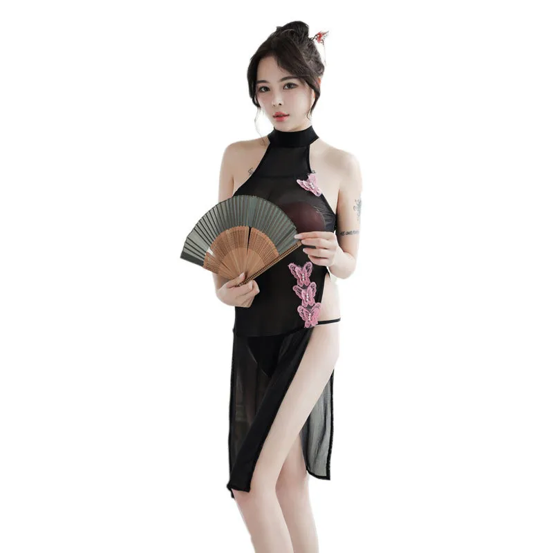 

Appliques Butterfly Cheongsam Nightwear Dresses Sexy Halter Black Backless Butterfly Slit Dresses See Through Porno Costume