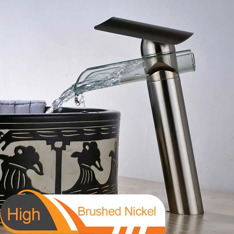 High Brushed Nickel Стеклянный водопад, кран для раковины, одна ручка, одно отверстие, для ванной комнаты, смесители для горячей и холодной воды, санузел, раковина, кран для мытья - Цвет: High Brushed Nickel