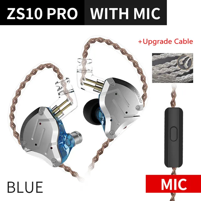 blue with mic silver KZ ZS10 PRO 1DD+ 4BA HIFI металлическая гарнитура, гибридные наушники в ухо, Спортивная гарнитура с шумоподавлением AS10 ZST ZSN PRO ES4 ZSX C12 V90 P1 - Цвет: blue with mic silver