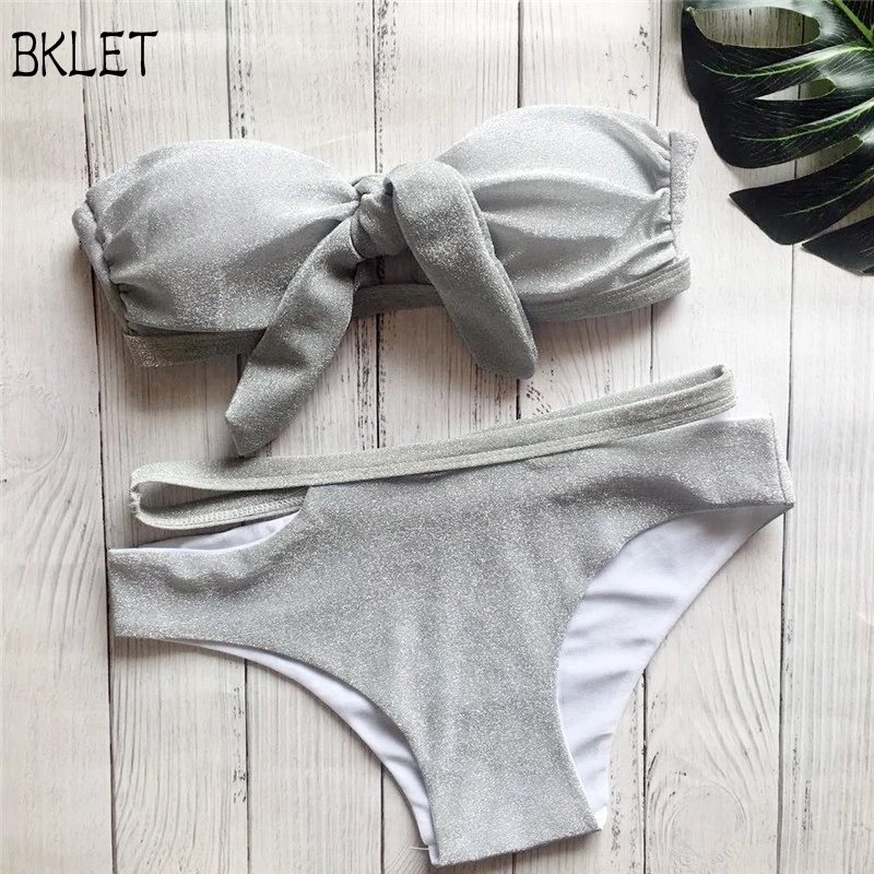 

2018 Sexy Silver Glitter Halter Biquini Swim Bathing Suit High Cut Swimsuit Swimwear Women Brazilian Push Up Bandage Bikini