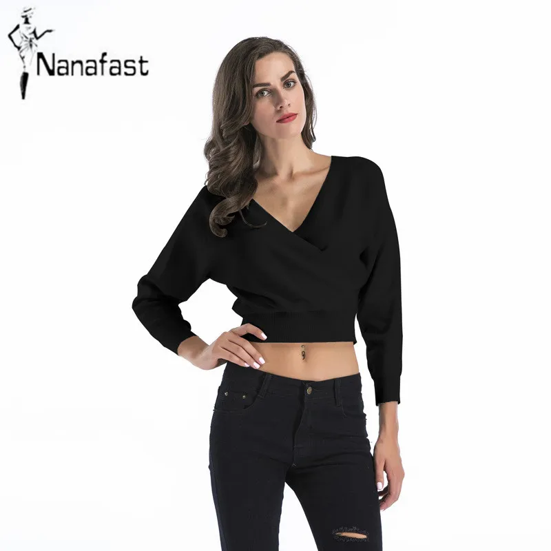Batwing Sleeve Sexy Deep V-neck Sweater Knitted Pullovers for Women 2018 Spring Short Design Fashion Ladies Crop Tops | Женская одежда