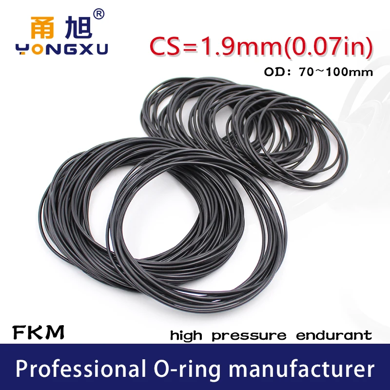 

Black FKM Fluorine Rubber O-rings Seals CS1.9mm OD70/72/75/80/85/90/95/100*1.9mm ORings Seal Gasket Oil Ring Sealing Washer