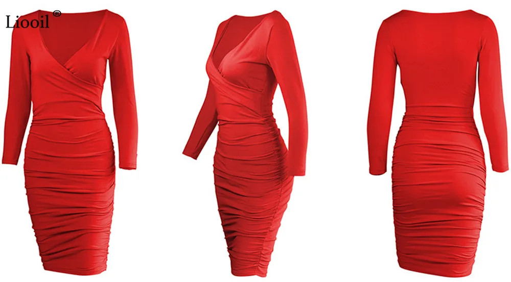 Liooil Fall Sexy V Neck White Midi Bodycon Dress Women Autumn Winter Stretchy Long Sleeve Club Party Tight Fitted Dresses
