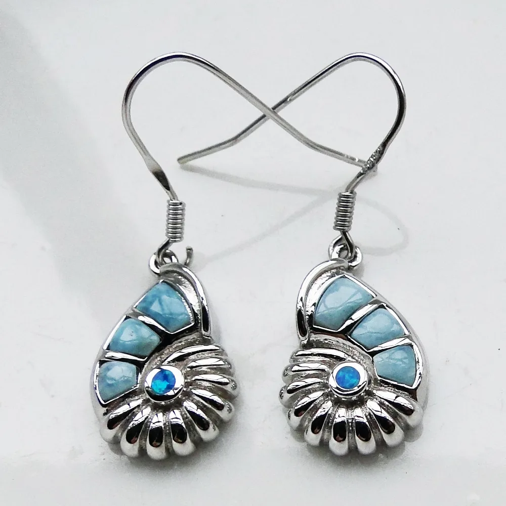 Настоящие натуральные Серьги Larimar, тонкая бижутерия; серьги-подвески, 925 пробы, серебряные ювелирные изделия, серьги-капельки в виде раковины для женщин