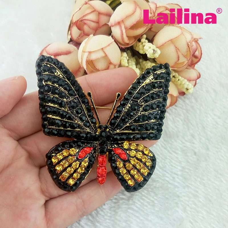100 шт./лот золотые Тоны черные и желтые бабочки броши со стразами заколки брошь в
