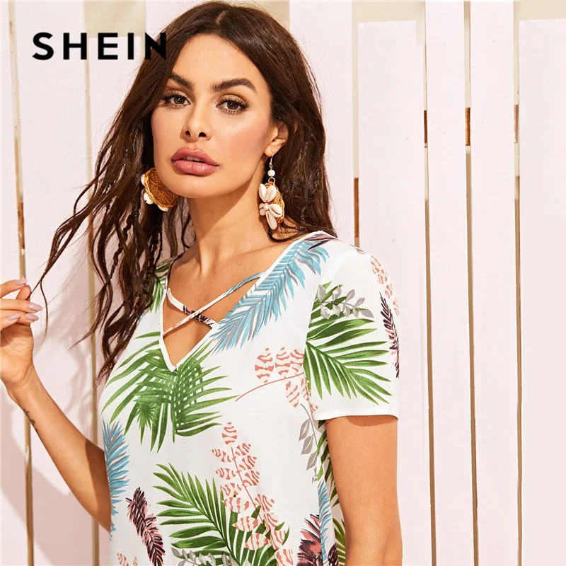 SHEIN женское летнее платье с v-образным вырезом и тропическим принтом, короткий рукав, перекрещивание, богемное платье, свободные трапециевидные мини-платья