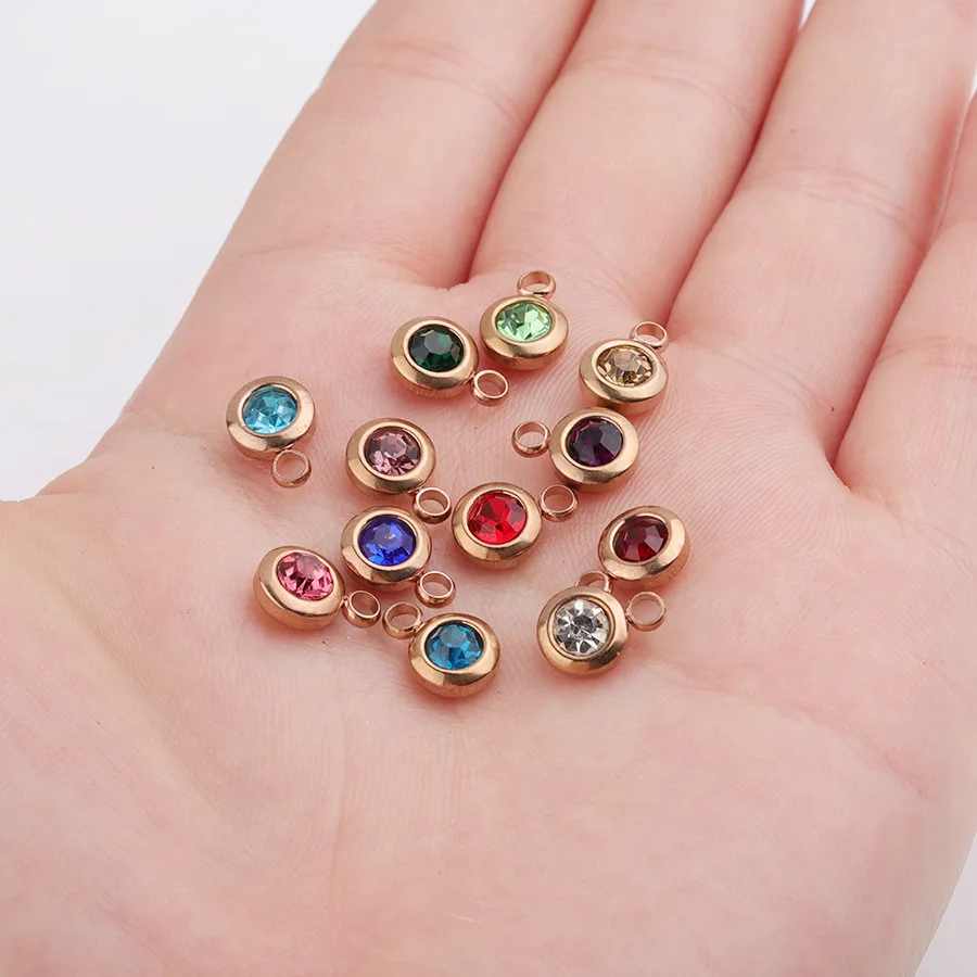 Rosegold Нержавеющая сталь талисманы с камнями на месяц рождения День рождения камень 6,5 мм Разноцветный Хрусталь Камень Шарм Geboortestenen 60 шт