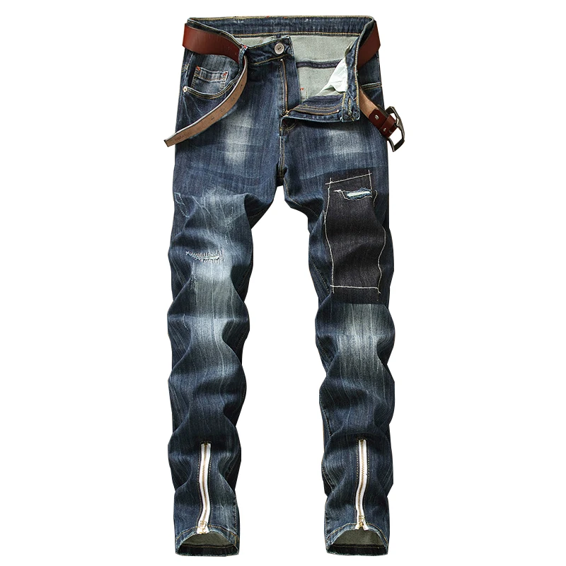 MORUANCLE Модные мужские рваные джинсы с застежкой-молнией на лодыжке Марка NEW Fashion Hi Street потертые джинсовые брюки для мужчин промывают плюс размер 30-42 - Цвет: Синий