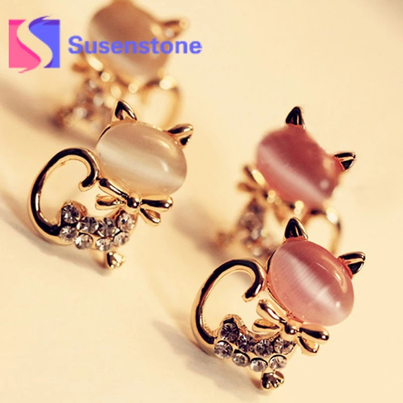 Женские серьги-гвоздики с котом розовые/бежевые серьги в Корейском стиле 2018 |