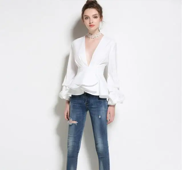 

Europe Sexy Deep V neck Ruffles Puff Sleeve Party Shirts Blouses Tops Female Vintage Elegant Office Work Slim Shirts Clothes