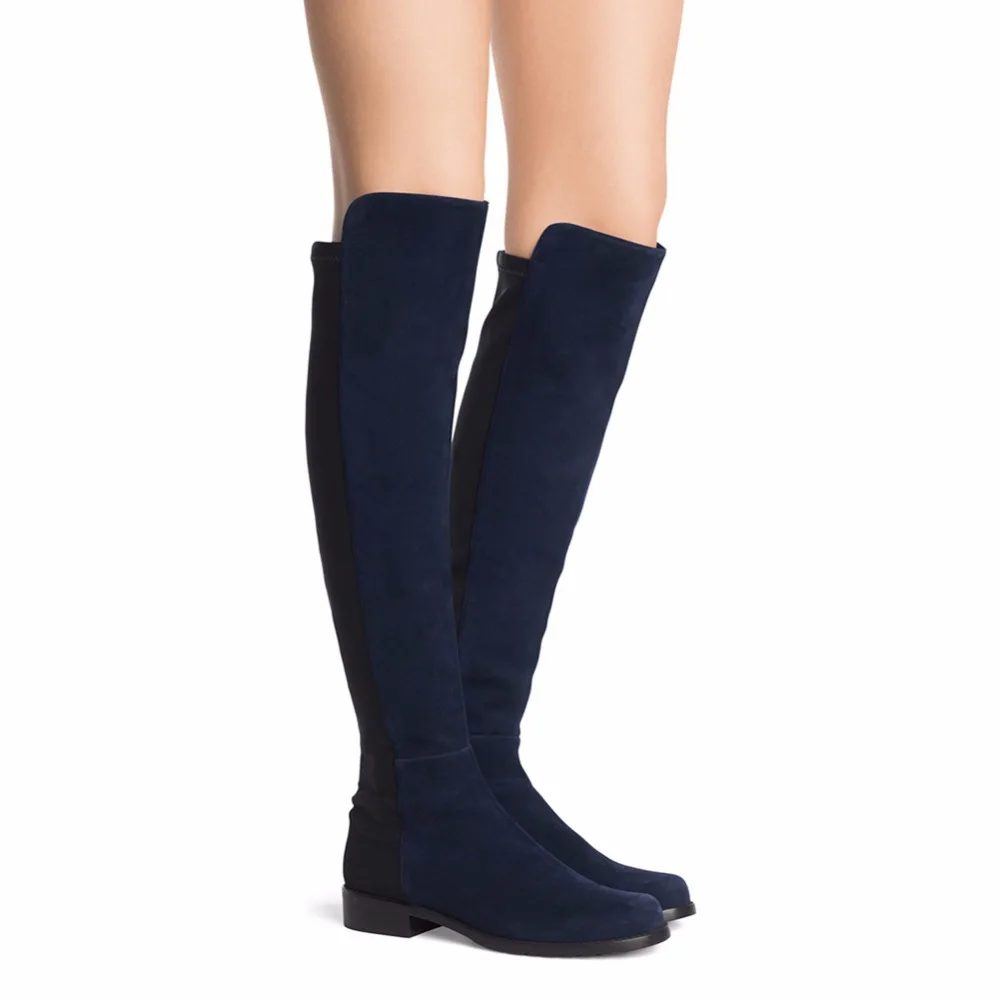 Blue Lycra Mixed Faux Suede Flat Woman Knee Boots Ladies Boots  Round Toe Slip On Winter Keep Warm Long Boots With Stretching