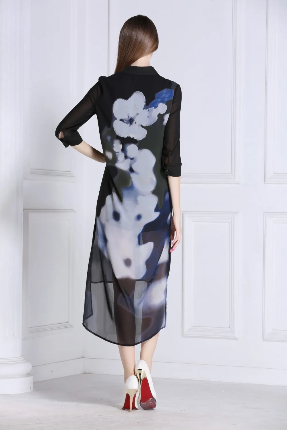 Fasicat 2015 High Quality Summer Style Chiffon Women Dress Ink Painting Print Vestidos Button Placket Loose Voile L153028 | Женская