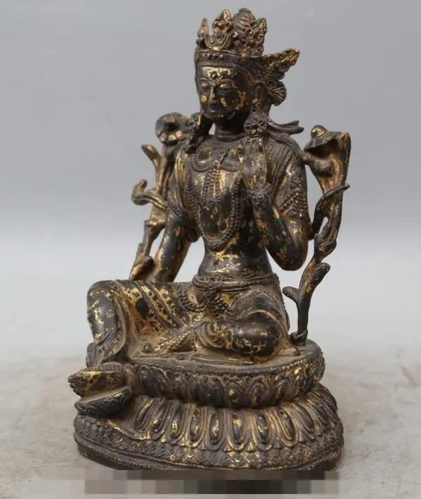 

S03138 9" Tibet Tibetan Buddhism Bronze Gilt homelike Green Tara Goddess Buddha Statue