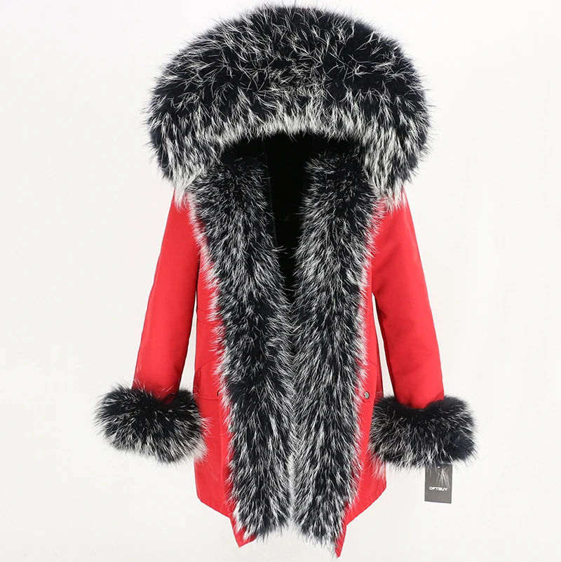 OFTBUY, пальто с натуральным мехом, зимняя куртка для женщин, натуральный мех енота, капюшон, водонепроницаемая, длинная парка, съемная, уличная одежда, роскошные парки, теплые