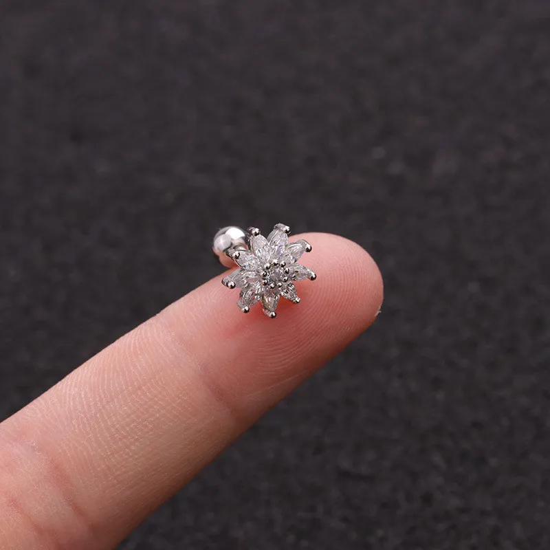 Silver Clear Colorful Crystal Flower Piercing Helix Ear Tragus Cartilage Piercing Oreja Earring Ear Stud Helix Sexy Body Piercing Jewelry - Окраска металла: Silver Clear