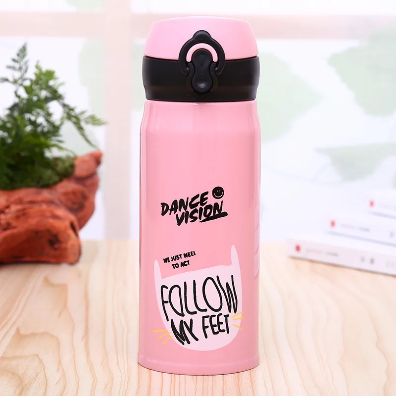 pink Термос для путешествий с кошкой, прыгающая крышка, бутылка из нержавеющей стали, Термокружка, 350 мл, мини-кружка для чая и кофе - Цвет: pink