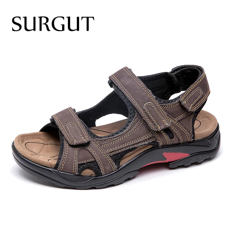 01 Dark Brown Мужские классические мягкие сандалии SURGUT, кожаные босоножки цвета хаки в римском стиле, дышащая обувь большого размера на плоской подошве для лета - Цвет: 01 Dark Brown