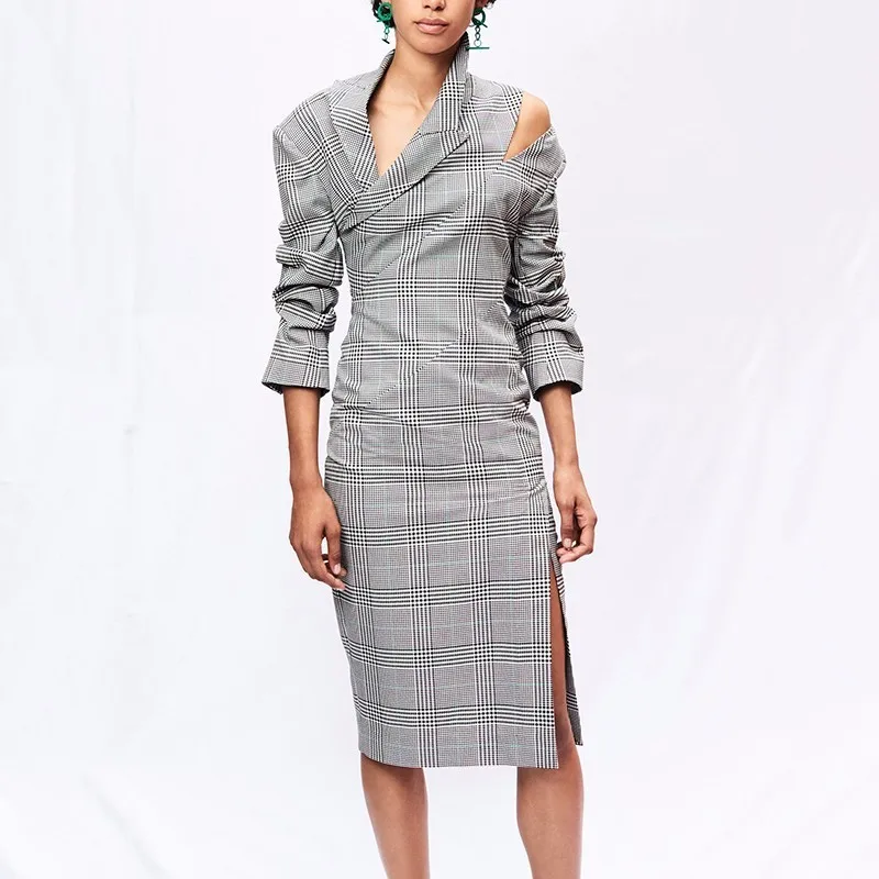 TWOTWINSTYLE плед Сексуальная Bodycon платье женский с плеча сбоку разделение