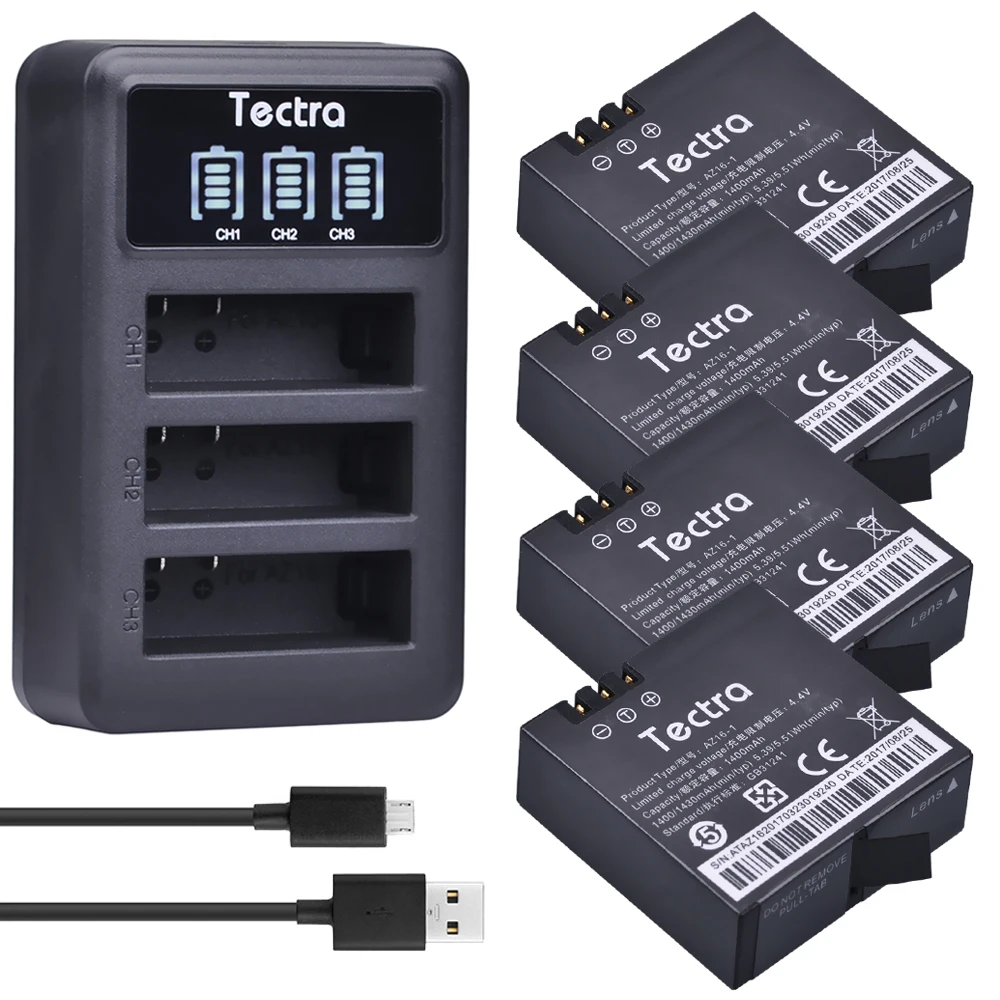 

Литий-ионный аккумулятор Tectra AZ16-1 1400 мА · ч, 4 шт., для xiaomi yi +, светодиодный, USB, 3-слотовое зарядное устройство для Xiao mi yi 4k 4k + экшн-камеры 2