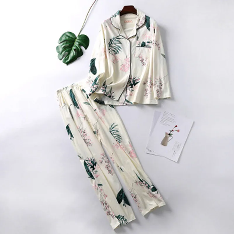 Cotton Style 10 Хлопок осенний пижамный комплект Для женщин сексуальная пижама свободные Размеры женский длинный рукав; рубашка и штаны 2 шт./компл. домашняя одежда для сна - Цвет: Cotton Style 10