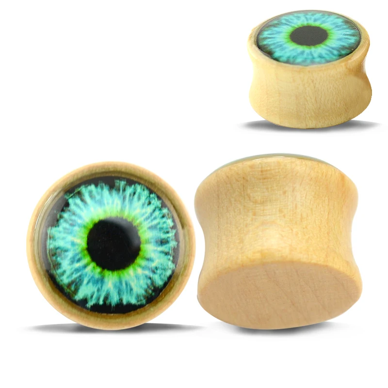 

1 Pair Natural Wood Transparent Green Eyeball Fashion Ear Plugs Tunnel Expander Gauges Wood Ear Piercing Plugs Body Jewelry
