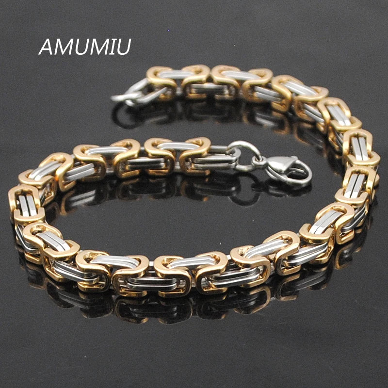 AMUMIU промо-акция! Мужские браслеты с золотой цепочкой, браслет из нержавеющей стали 5,5 мм ширина византийского металла,, высокое качество KB002
