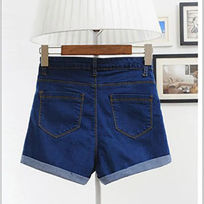 

2020 Women 4 Buttons Elastic High Waist Shorts Fashion Feminino Denim Shorts for Women Loose Cuffs Straight Blue Short Jeans