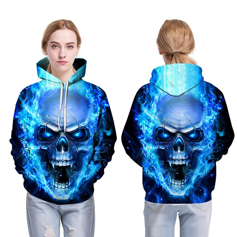 New Blue Flame Skull Hoodies 3D Sweatshirts Men Women Hooded Loose Tracksuits Autumn Winter Coat Streetwear Funny Jackets Hoodie | Мужская