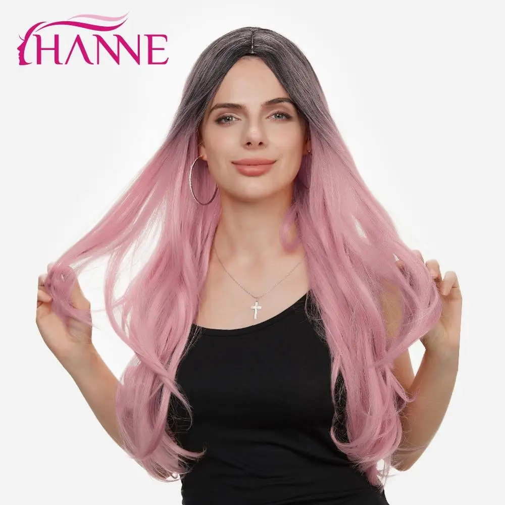 Парики из синтетических волос HANNE черные и розовые термостойкие длинные